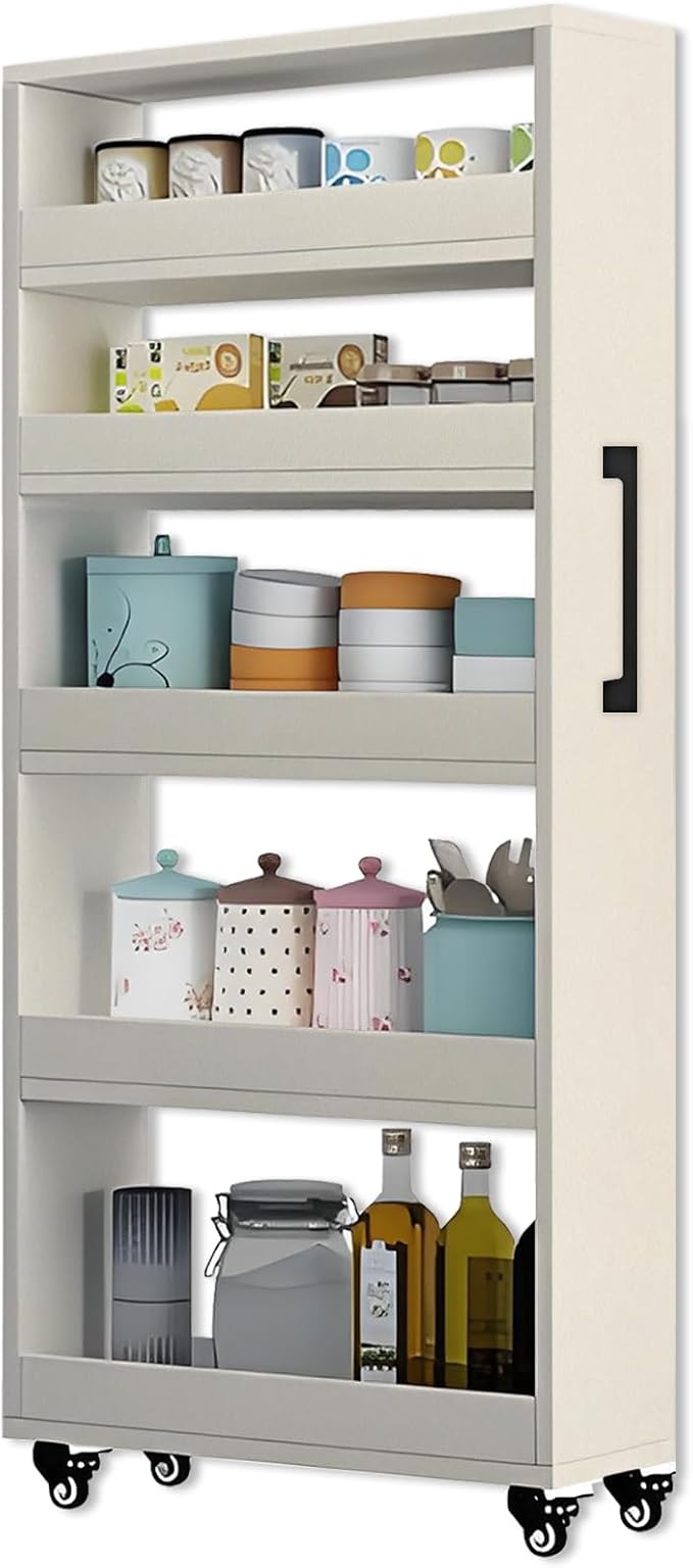 7-Tier Slim Rolling Storage Cart, Wooden Narrow Pantry Cabinet with Wheels, Tall Space-Saving Shelf Organizer for Kitchen, Laundry, Bathroom (Beige, 59" H*7.8" W*23.6" D)