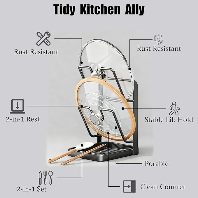 Kitchen Pot Lid Storage Rack - Pot Lid Organizer, Multifunctional Pot Lid Holder While Cooking, Rust-Resistant Carbon Steel, For Cutting Boards, Spoons, Utensils (Black-A, Double Layer)