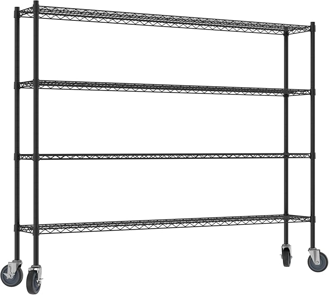 Commercial NSF Listed Black Epoxy Mobile Wire Shelving Kit 12" x 72" x 60", with 4 Shelves Perfect for Warehouse, Walk-in Refrigerator, Freezer, Grocery Store, Restaurant, Dishroom