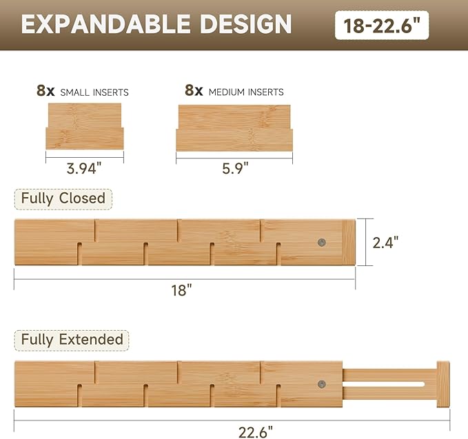 Kitchen Drawer Organizer, Expandable Bamboo Drawer Divider, Include 8 Dividers, 8 Small Inserts and 8 Medium Inserts for Home, Office, Dressers (Long-8 Dividers)