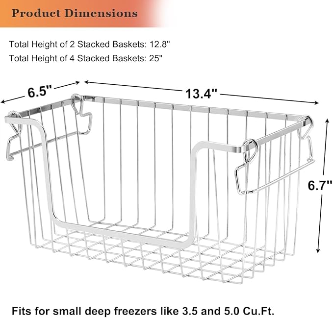 Orgneas Stacking Freezer Organizer Bins for 5.0Cu.Ft Chest Freezer, Small Stackable Chest Freezer Baskets Metal Wire Kitchen Pantry Storage Open Front Deep Freezer Bins with Foldable Handles, Set of 4