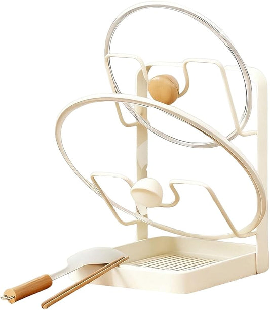 Kitchen Pot Lid Storage Rack, Kitchen Pot Lid Holder, Pots Lids Organizer Rack with Removable Drip Tray, Multifunctional Utensils Pan Pots Cover Lids Rack Shelf for Storage (Begie, Double-layer)