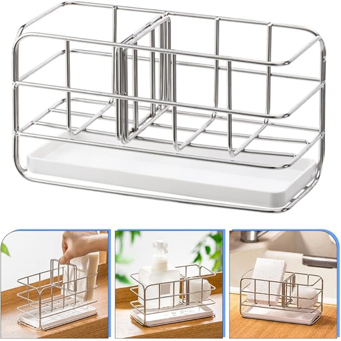Kitchen Sink Caddy Sponge Holder: Metal Sink Drying Rack Stainless Steel Counter Draining Shelf Organizer for Sponge Brush Soap Dishcloth