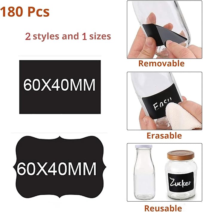 Chalkboard Labels for Food containers, 180 Pcs Label Stickers with 2 White Liquid Chalk Markers, Waterproof Reusable Bottle Labels for Jars, Storage Bins