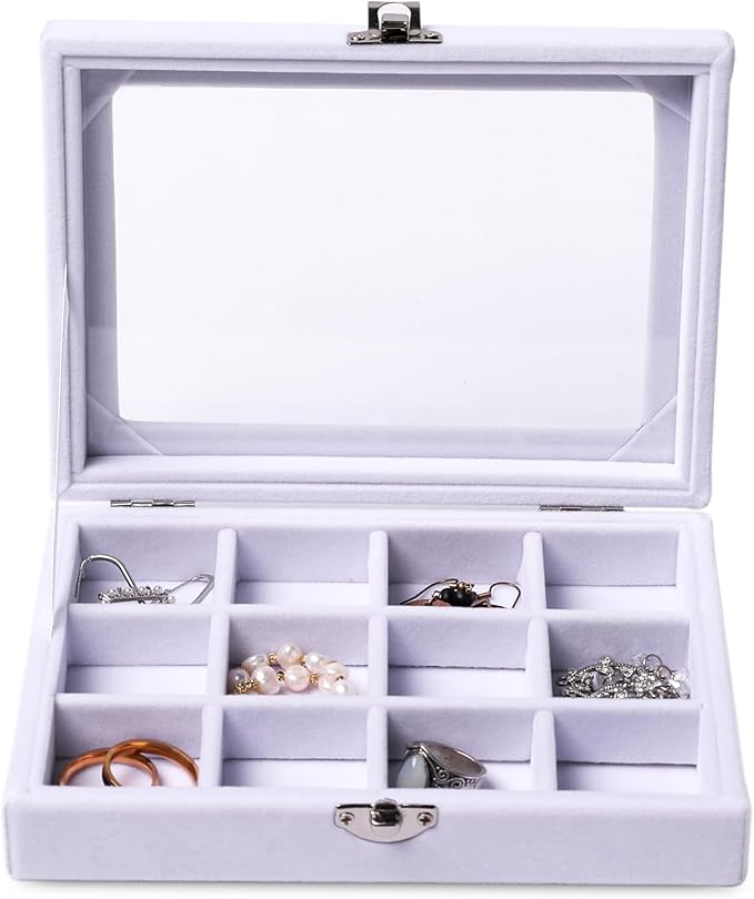 Frebeauty Jewelry Organizer Tray with Clear Lid 12 Grid Velvet Drawer Insert Jewelry Box with Transparent lid Jewelry Display Case Store Showcase Jewelry Box Gift for Women(White,12 Grid) (Pack of 2)