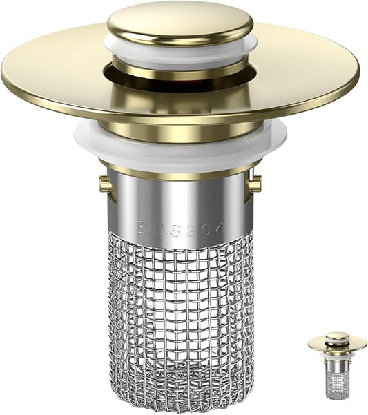 Sink Stopper Hair Catcher, Pop-up Sink Drain Strainer with Removable Stainless Steel Strainer Basket Hair Catcher, Bathroom Sink Strainer for Bathroom Sink Stopper Replacement(Brushed Gold-1PCS)