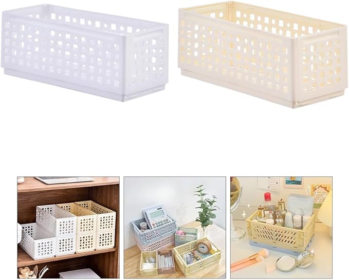 Folding Storage Basket Plastic Organizer with Stackable Design for Snacks Cosmetics and Office Supplies, 30x13x12cm White(Large milk white)