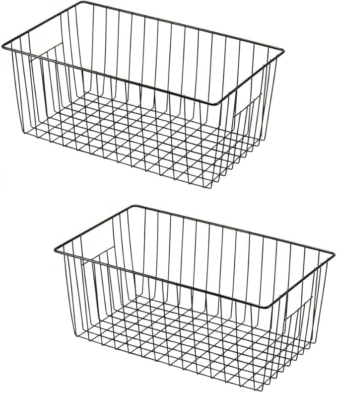 Y.Z.Bros 16" L x 12" W Wider Freezer Storage Organizer Baskets Container, Deep Metal Wire Chest Upright Refrigerator Divider Bins with Built-in Handles for Cabinet, Pantry, Closet, Kitchen, Black