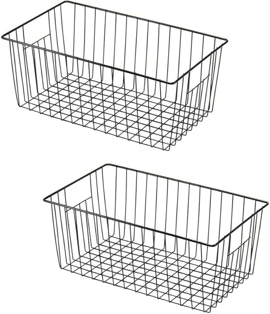 Y.Z.Bros 16" L x 12" W Wider Freezer Storage Organizer Baskets Container, Deep Metal Wire Chest Upright Refrigerator Divider Bins with Built-in Handles for Cabinet, Pantry, Closet, Kitchen, Black