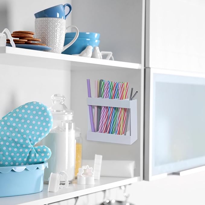 White Acrylic Straw Holder & Tumbler Organizer for Cabinet Door, Countertop – Reusable Straw Storage Dispenser, Kitchen Cabinet Organizer for Straws, Accessories (white)