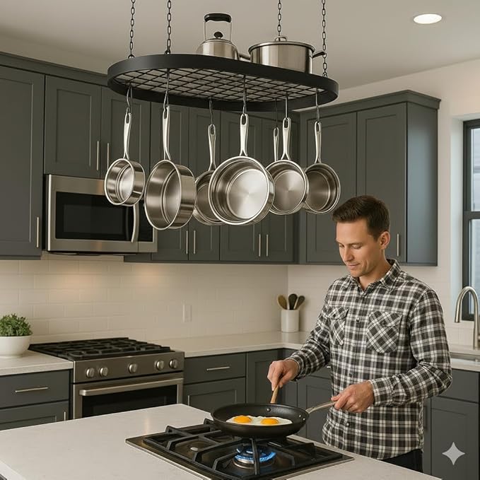 Black Hanging Pot and Pan Rack Organizer Space-Saving Ceiling Mount Cookware Storage Rack 2 Heavy Duty Swag Hangers and 15 S-Hooks; Bonus - 2 Heat Resistant Oven Mitts.Colgador Para ollas Y Sartenes.