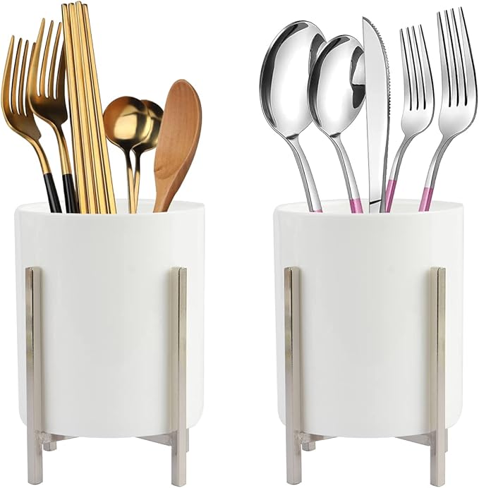Sturdy Cutlery Holder for Parties, White Ceramic Cup With Silver Metal Bracket, Round Utensil Crock For Countertop, Silverware Caddy For Store Forks, Knives, Spoons, Napkins, 2 PCS Set
