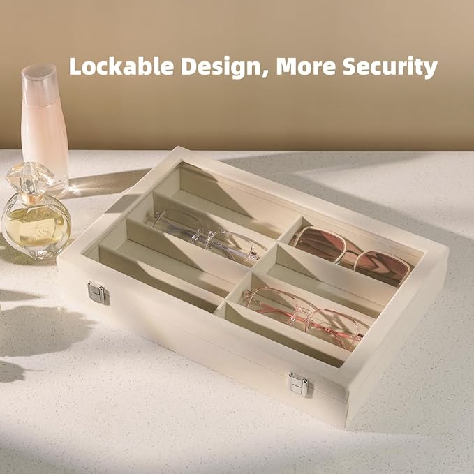 Glasses Holder Box Drawer Sunglass Organizer for Men Clear Wide Storage Case 8 Slots Multiple Reading Glasses Display, Beige Velvet With Clear Glass Lid