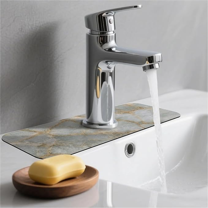 Kitchen Sink Splash Guard，Light gray marble Faucet Mat Sink Gadgets-Super Absorbent Fast Drying Mat Drip Catcher for Kitchen, Bathroom,Sink Mat, Dish Drying Mat, Bathroom(15" X 5.5" )