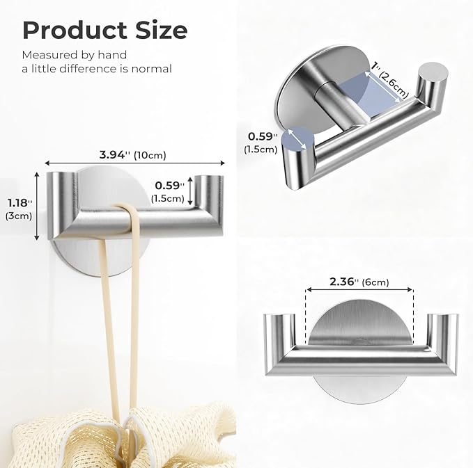 GWAAZXGZ 2 Pack Brushed Nickel Bathroom Hooks for Towels - Self Adhesive Double Hooks for Wall, No Drilling, Stainless Steel 304, Strong Hold for Robes, Coats, Shower Use