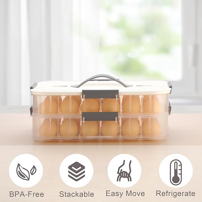 BTSKY Deviled Egg Platter with Lid, 2-Layer 36 Slots Deviled Eggs Carrier, Clear Portable Eggs Holder for Fridge Reusable Deviled Egg Tray Carton Box for Easter and Party Favor (2-Layer, White)