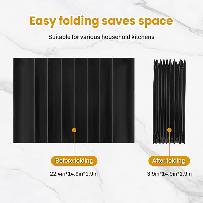 Silicone Silverware Drawer Organizer, Expandable Utensil Tray (3.9-22.4" W, 14.9" D, 1.9" H), 8-Compartment Cutlery Holder with Knife Section, BPA-Free, Non-Slip, Black