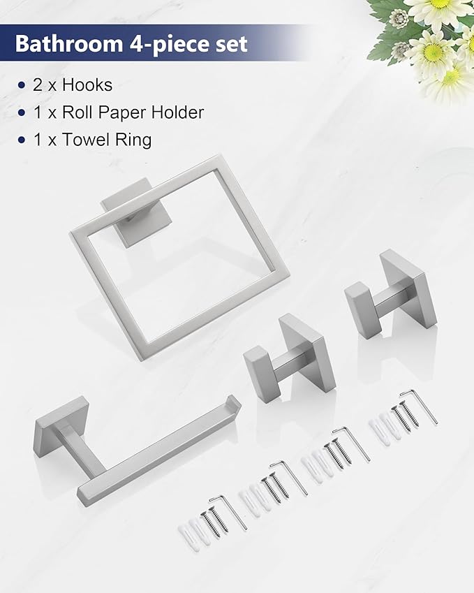 Brushed Nickel Bathroom Hardware Set 4 Pieces, Toilet Paper Holder Set SUS304 Stainless Steel Bath Hand Towel Ring for Bathroom Hardware Accessories Set Wall Mounted