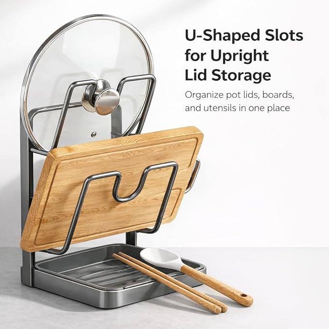 Kitchen Lid Holder While Cooking,Kitchen Pot Lid Storage Rack With Tray,Lid And Spoon Holder While Cooking,Pot Lid Organizer Rack (white - A)