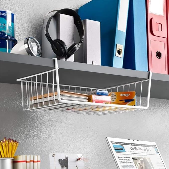 Modern Home Under Shelf Wire Storage Baskets – Hanging Organizer Rack for Cabinet, Pantry, or Closet – White Metal Basket for Kitchen, Towels, or Office – No Tools Required (Set of 2 19")