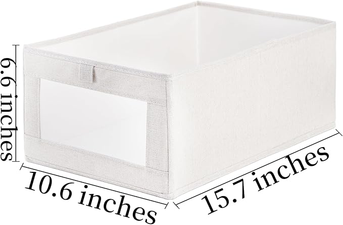 Coloch 6 Pack Linen Storage Bins with Clear Window, Collapsible Closet Storage Box Fabric Clothing Organizer Stackable Organizer Basket for Folded Clothes, Jeans, Toy, Book, Shelves, Closet, Beige