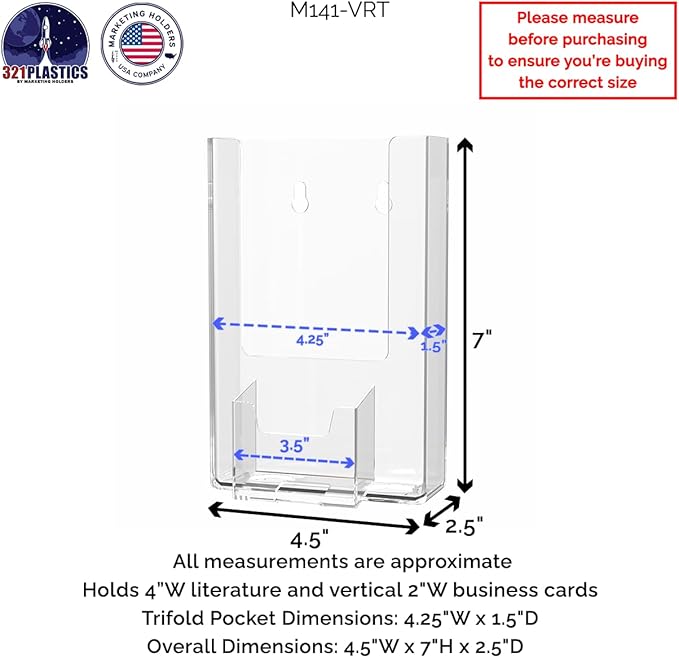 Marketing Holders Brochure Holder with Slot and Hanging Hardware for 4" Rack Cards and 2" x 3.5" Contact Info Cards Trifolds Clear Plastic Wall Literature Maps or Menus Organizer