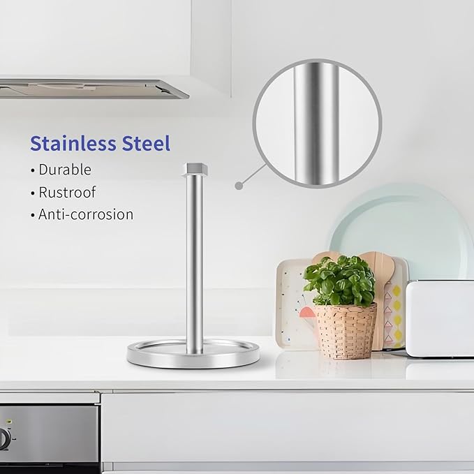 Paper Towel Holder Countertop, Stainless Steel Paper Towel Holder -Weighted Base, One-Handed Tear, Black Kitchen Roll Holder, Non-Slip Protect The countertop-New Silver
