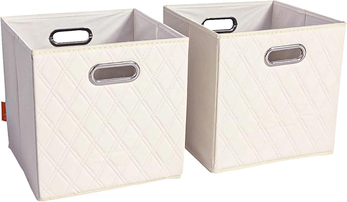 FH Group JIAessentials 13" Faux Leather Foldable Storage Cube Bins Set of 2 – Beige Diamond Patterned Organizers with Handles for Closet & Shelves