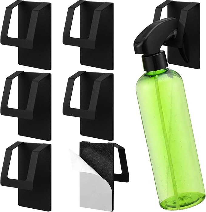 Otoolling 6 Pcs Adhesive Spray Bottle Hanger Wall Mount Metal Spray Bottle Hooks, Non Drilling Sprayer Bottles Holder Stubborn Adhesive Black Universal Easy Clean for Wall Cabinet Kitchen Under Sink