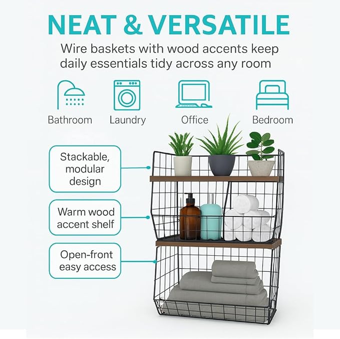 Storage Pantry Baskets – Heavy Duty Wire Bins for Kitchen, Bathroom & Laundry – Wall Mounted, Stackable Organizer for Snacks, Toiletries, Potatoes & Onions – 2 Pack Storage Set Bundle XXL