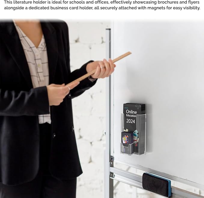 2 Pack Magnetic Brochure Holder 4 Inches with 2" x 3.5" Vertical Business Card Slot Clear Acrylic Attaches to Metal Surfaces Tri Fold Rack Card Printed Media Display by Marketing Holders