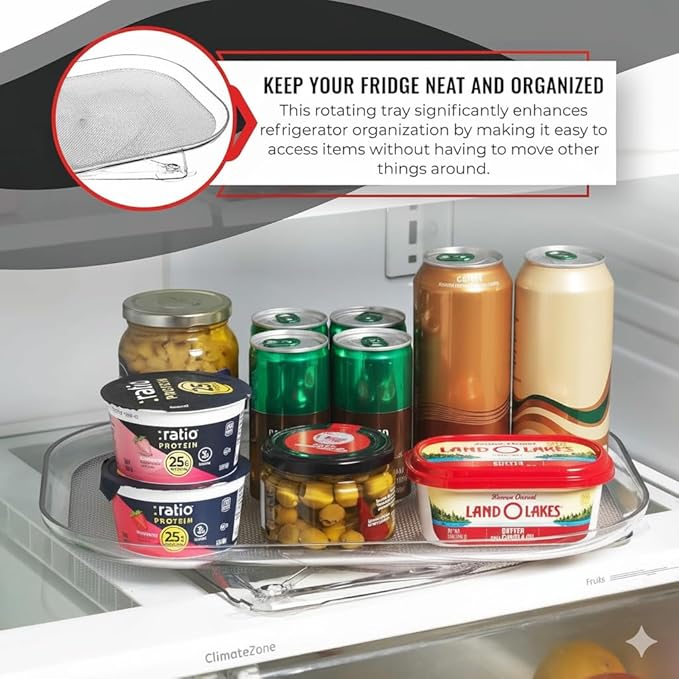 Oizeir Refrigerator Lazy Susan Turntable – Clear Rectangular Fridge Organizer with Suction Cups, 360° Rotating Tray for Side-by-Side Refrigerators, Cabinet & Pantry Organization