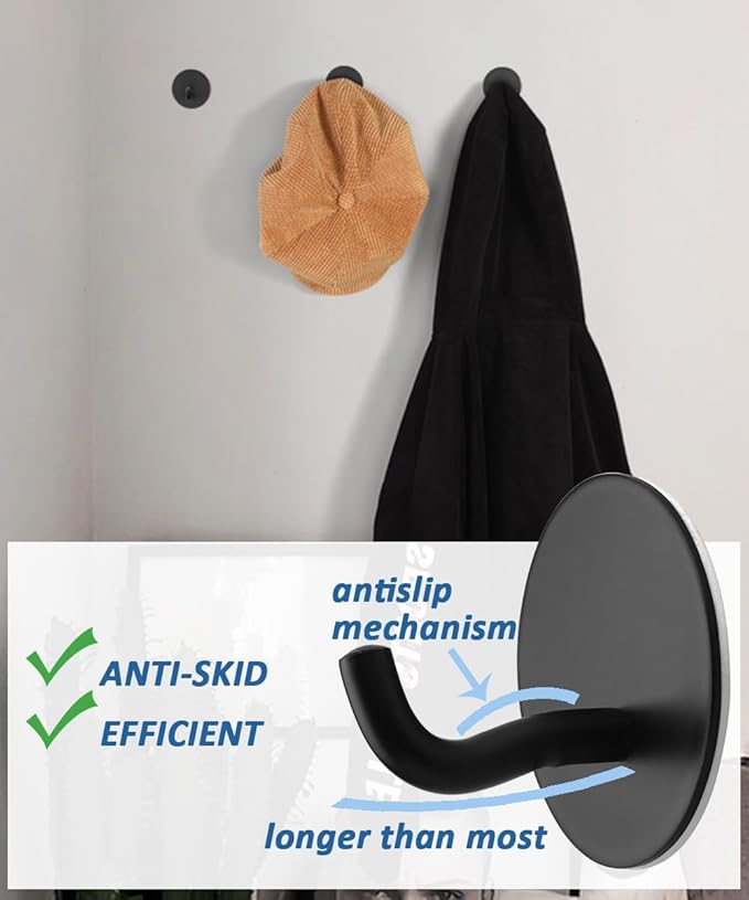 Uvish Matte Black Adhesive Towel Hooks 6 Pack Heavy Duty Wall Hooks for Hanging Robes, Loofah, Towels, Clothes Coat Hooks Stick on Bathroom or Kitchen Stainless Steel