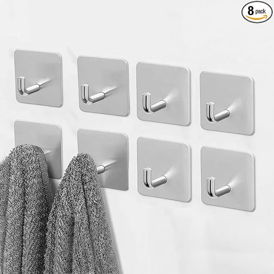 EDMILE Adhesive Towel Hooks, 8 Pack Self Adhesive Coat Sticky Hooks for Hanging, Stainless Steel Stick on Wall Hat Hook, Bathrooms Kitchen Livingroom Garage, Silver