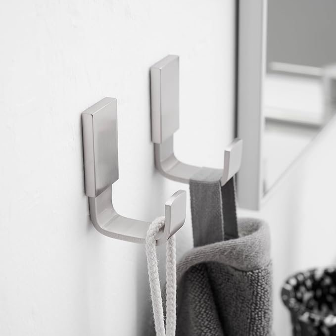 BESy Brass Clothes Hook Single Towel/Robe/Coat/Hat Hook for Bathroom Kitchen Garage, Square Style, Self Adhesive or Wall Mounted, Two Packs, Brushed Nickel