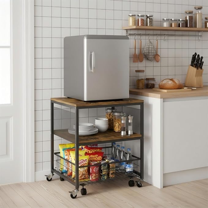 Hadulcet 3-tier Mini Fridge Stand with Storage Basket - Rolling Mini Fridge Cabinet with Wheels, Heavy Duty 21"L* 21"W Fridge Cart, Sturdy Metal Frame, for Home, Apartment, Office, Dorm, Rustic Brown
