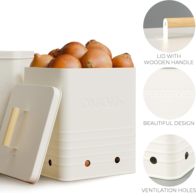 Beautiful Potato and Onion Storage Container Set - Perfectly Sized Spacious Canisters For Your Kitchen Counter Or Pantry - Quality Food Safe Metal Bins Keep Your Produce/Vegetables Fresh Longer