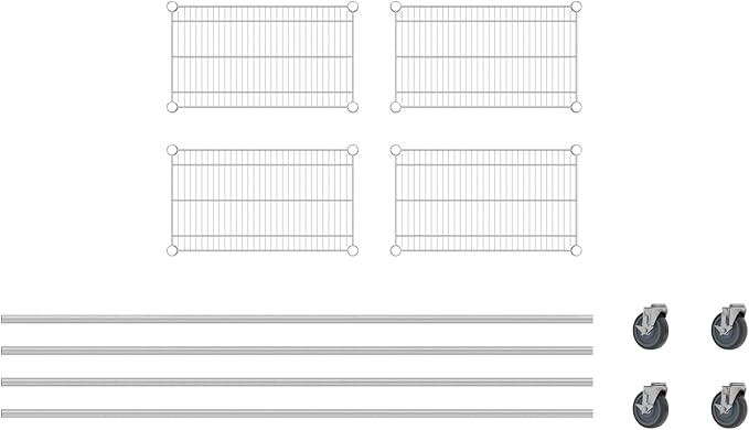 Commercial NSF Listed Chrome Mobile Wire Shelving Kit 14" x 24" x 80", with 4 Shelves Perfect for Warehouse, Walk-in Refrigerator, Freezer, Grocery Store, Restaurant, Dishroom