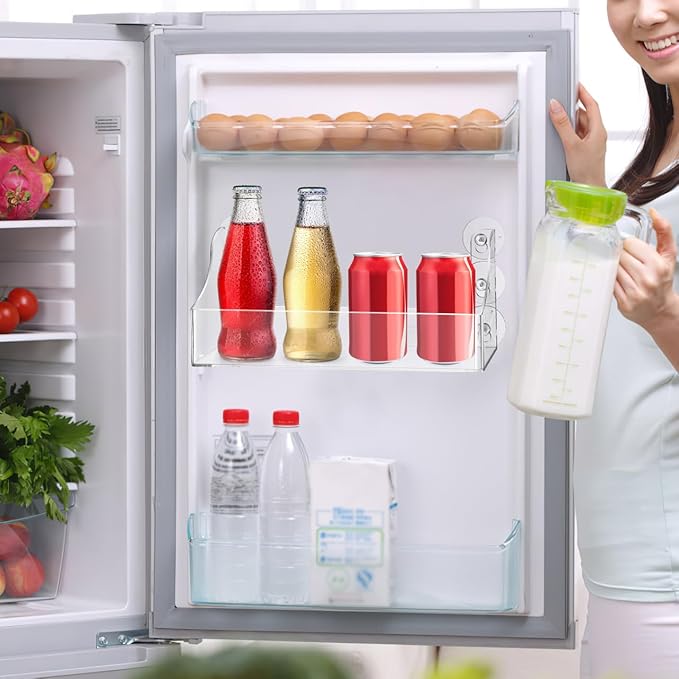 Amosfun 5-Bottle Suction Cup Beverage Rack for Refrigerator Transparent Acrylic Drink Organizer Storage Shelf 13.14X5.70X2.95 Inches Easy Install for Kitchen and Bathroom