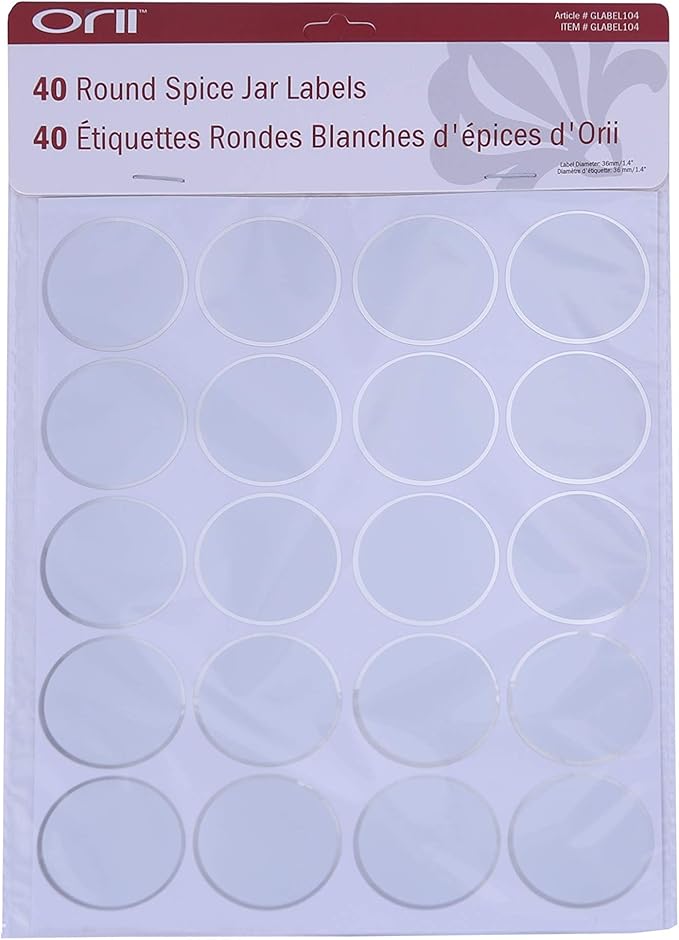 Orii Round Spice Labels - 40 Blank Labels Kitchen Jar Label Combo Tags for Pantry Ingredients and Spice Rack Organization, Silver/White (40 Labels)