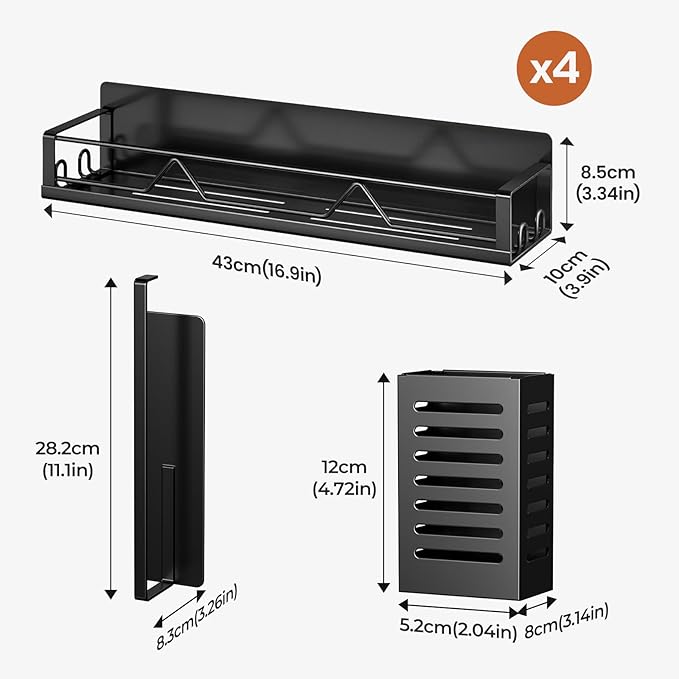 Mystozer 16.9 Inch Wide Large Capacity Magnetic Spice Rack for Refrigerator, 6 Pack Metal Fridge Shelf, Black