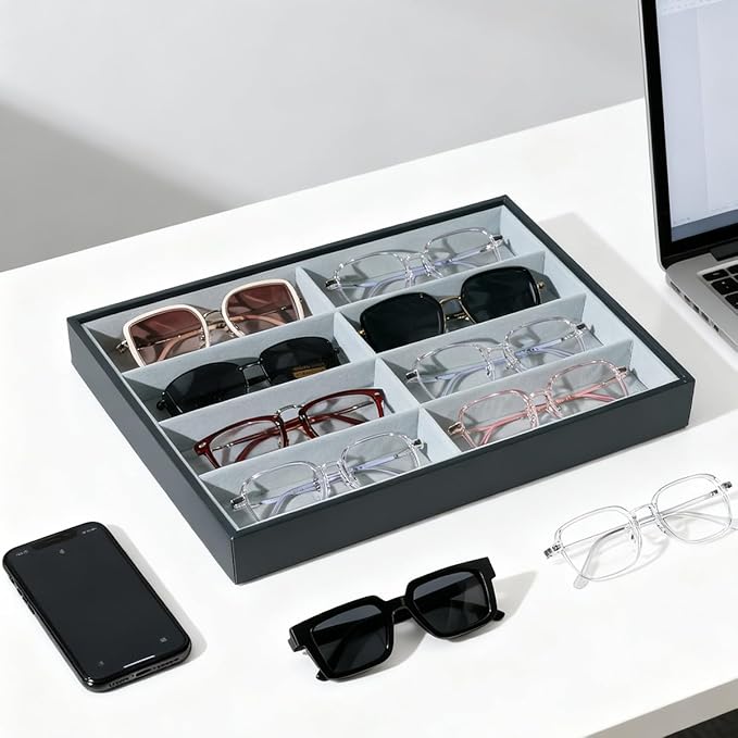 Glasses Holder Box Drawer Sunglass Organizer for Men Clear Wide Storage Case 8 Slots Multiple Reading Glasses Display, Black Leather
