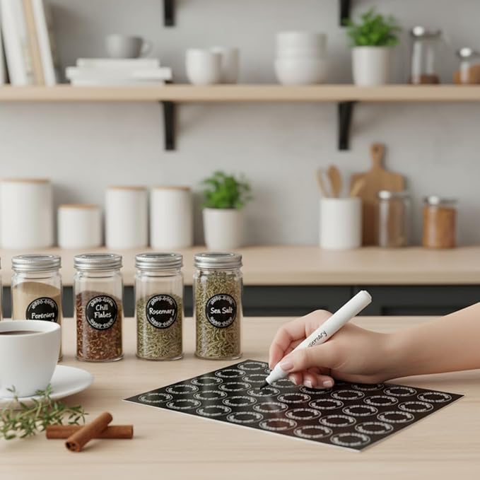 672 Preprinted Spice Labels with A–Z Index, Minimalist Black Round Stickers for Kitchen Jars, Waterproof Oilproof Tear-Resistant Herb & Seasoning Labels – 1.2" Pantry Label Set