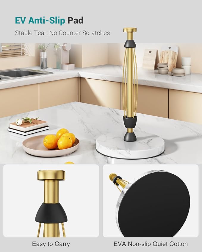 Marble Paper Towel Holder Countertop, Gold, Stainless Steel, One-Handed Tear, Freestanding Paper Towel Stand Rack with Ratchet Mechanism for Kitchen Toilet Bathroom Essentials Decor Accessories