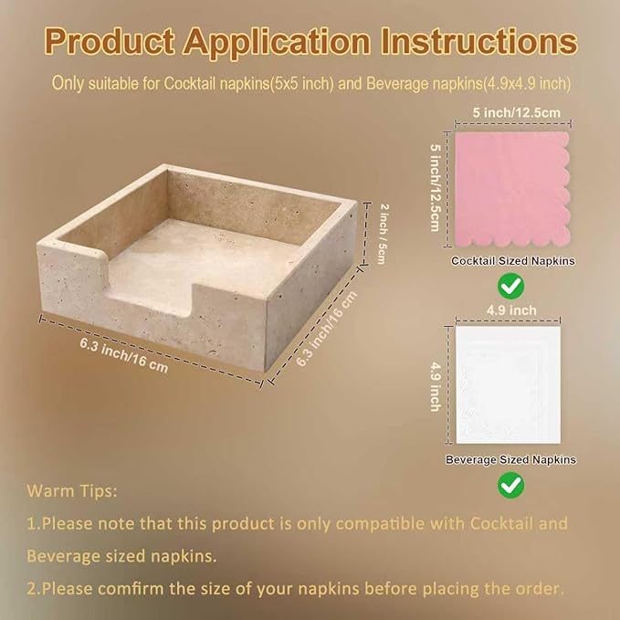 Cocktail Napkin Holder,Travertine Stone Napkin Holders Fit for 5”x5” Cocktail-Sized Napkins,Stone Napkin Holder for Table Kitchen Counter Dining Room Party Bar Decor,Beige