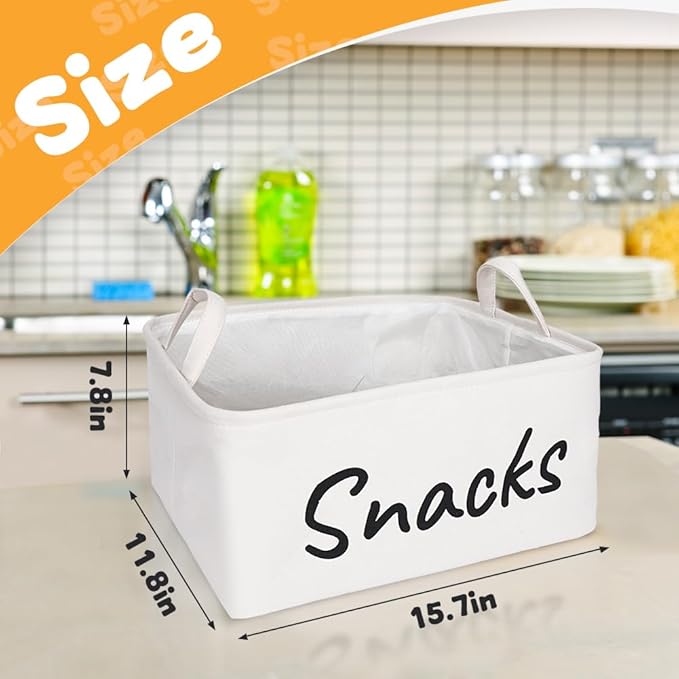 Snack Organizer Basket for Home Office: Snack Storage Bin for Pantry Shelf Countertop (White)