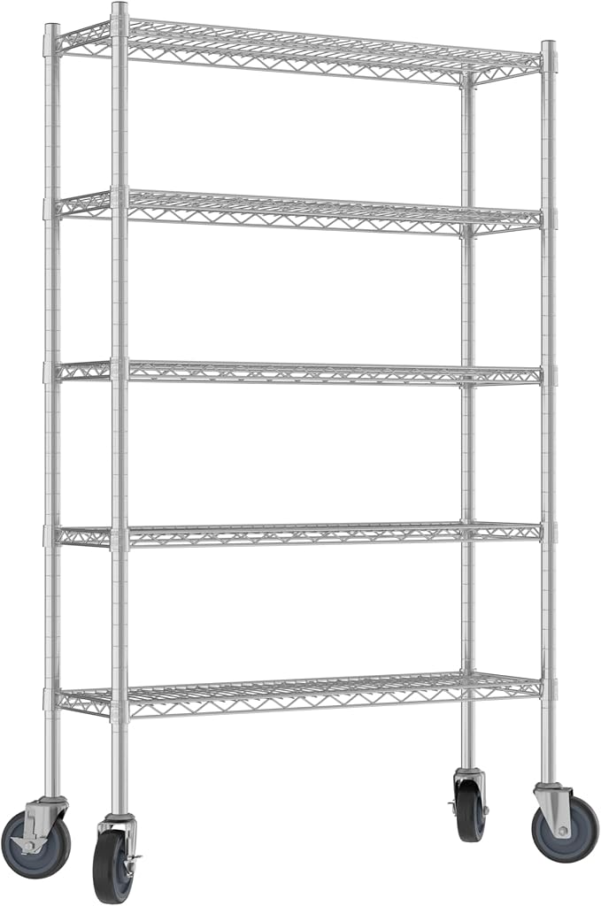 Commercial NSF Listed Chrome Mobile Wire Shelving Kit 12" x 36" x 60", with 5 Shelves Perfect for Warehouse, Walk-in Refrigerator, Freezer, Grocery Store, Restaurant, Dishroom