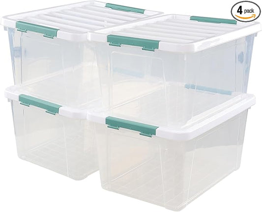 4 Pack 35 Quart Storage Box with Lid, Plastic Latching Container Bin, Clear