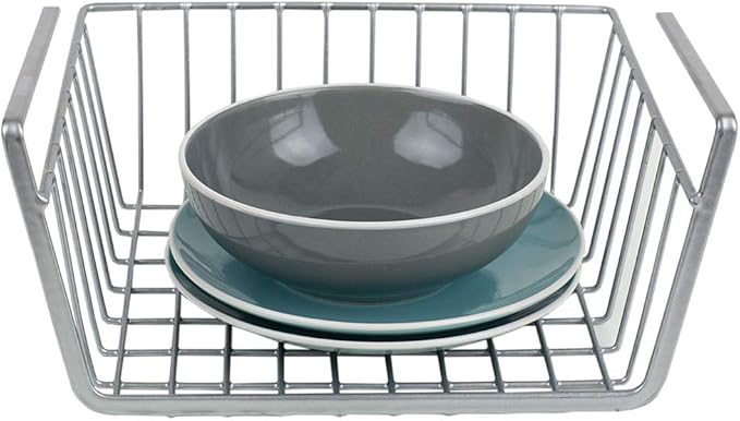 Home Basics Under Shelf Steel Wire Basket Hanging Storage Space Saver Slide-On Basket for Pantry, Cabinets, Closet, Shelves - No Hardware Needed - Silver