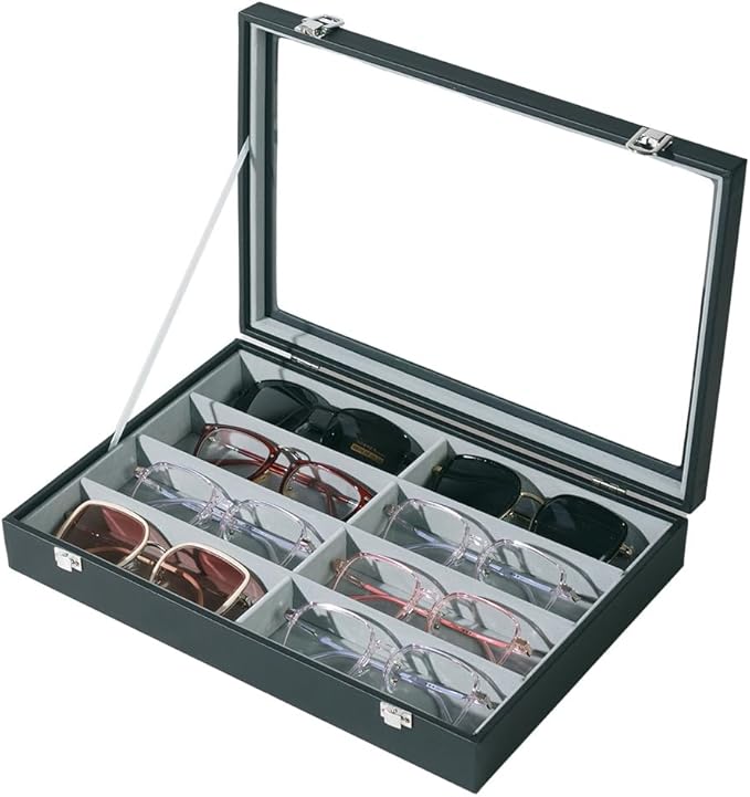 Glasses Holder Box Drawer Sunglass Organizer for Men Clear Wide Storage Case 8 Slots Multiple Reading Glasses Display, Black Leather With Clear Glass Lid